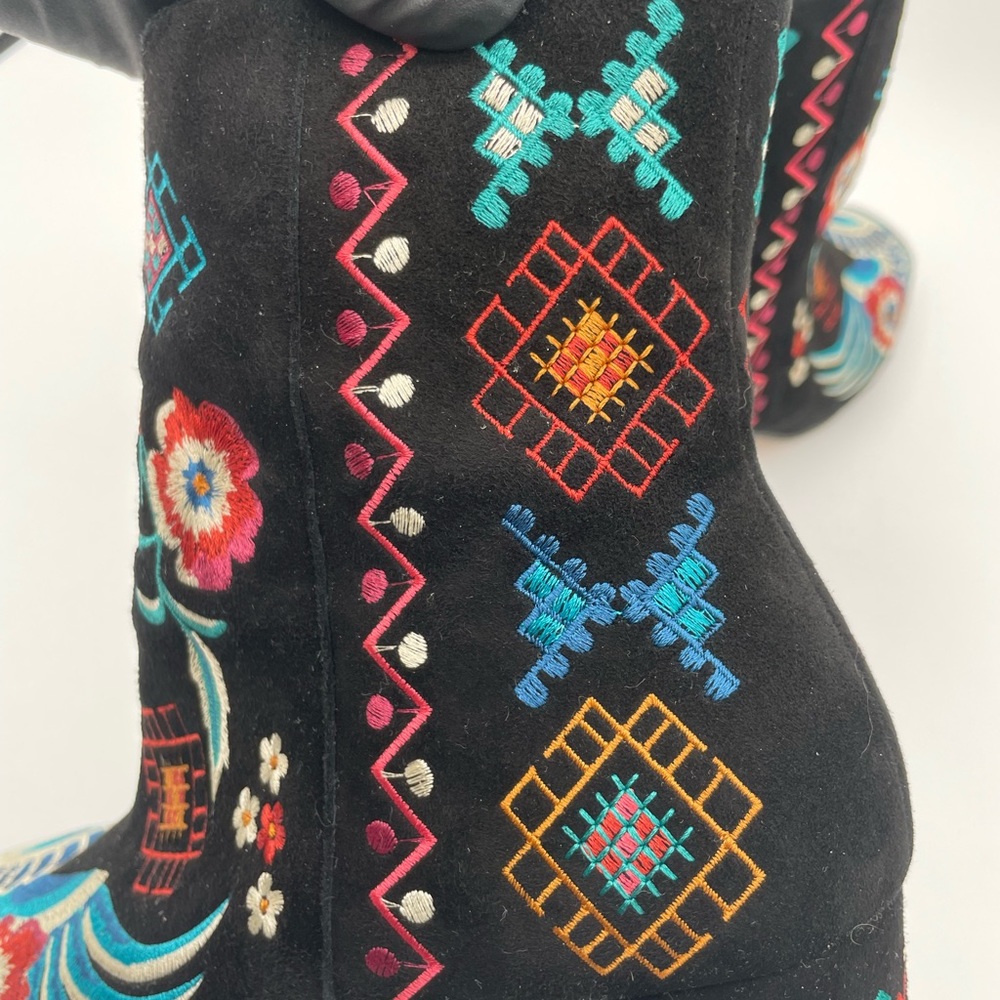 Embroidered Black Velvet Ankle Boots with Multicolor Floral Accents - Picture 13 of 16